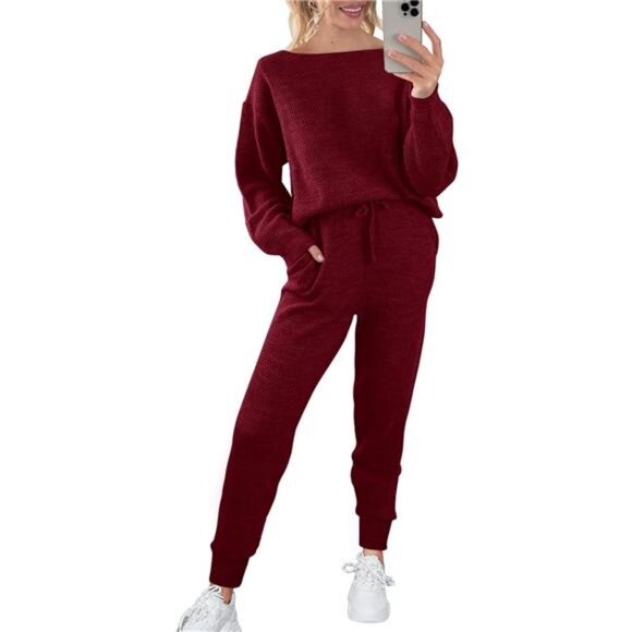 Women Red Outfit Long Sleeve Pullover Tops And Pants Tracksuit Sweater Pair Sets - Picture 1 of 6